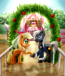 Size: 2550x2995 | Tagged: source needed, useless source url, safe, artist:ailish, character:applejack, oc, oc:dragon, species:earth pony, species:pony, apple, apple tree, barn, bedroom eyes, canon x oc, clothing, dragojack, dress, female, fence, food, grass, holding hooves, looking at each other, male, mare, marriage, shadow, shipping, smiley face, stallion, sun, tree, wedding