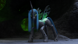 Size: 2666x1500 | Tagged: safe, artist:radiomann01, character:queen chrysalis, species:changeling, 3d, angry, blender, buzzing wings, cave, changeling queen, female, looking at you, render, solo, wings
