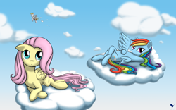Size: 1680x1050 | Tagged: safe, artist:renatethepony, character:derpy hooves, character:fluttershy, character:rainbow dash, species:pegasus, species:pony, cloud, cute, female, lying down, mail, mailmare, mare, on a cloud, spread wings, wings