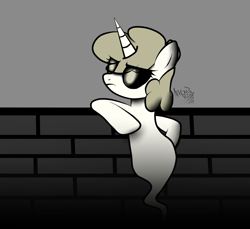 Size: 1200x1100 | Tagged: safe, artist:arrgus-korr, oc, oc:spooky, species:pony, species:unicorn, angry, annoying, dark background, ghost, ghost pony, looking at the sky, solo, undead
