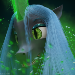 Size: 1024x1024 | Tagged: safe, artist:radiomann01, character:queen chrysalis, species:changeling, 3d, blender, changeling queen, female, happy, joyful, magic, render, sharp teeth, simple background, smiling, solo, teeth