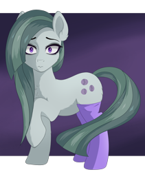 Size: 1352x1600 | Tagged: safe, artist:nathayro37, character:marble pie, species:earth pony, species:pony, chest fluff, clothing, cute, female, long socks, looking at you, marblebetes, mare, nervous, purple background, raised hoof, simple background, socks, solo, surprised