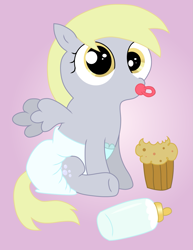 Size: 989x1280 | Tagged: safe, artist:sweetielover, character:derpy hooves, species:pegasus, species:pony, baby, baby bottle, baby pony, diaper, female, food, muffin, pacifier, solo