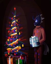 Size: 860x1078 | Tagged: safe, artist:xander, species:anthro, species:changeling, christmas, christmas changeling, christmas lights, christmas tree, clothing, holiday, male, present, solo, standing, sweater, tree