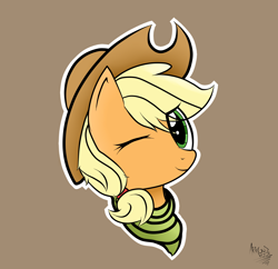 Size: 1600x1550 | Tagged: safe, artist:arrgus-korr, character:applejack, species:earth pony, species:pony, bust, clothing, cowboy hat, female, handkerchief, hat, head only, looking at you, mare, one eye closed, portrait, simple background, smiling, smiling at you, solo, sticker, wink, winking at you