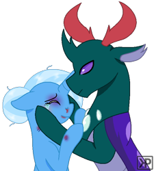 Size: 586x650 | Tagged: safe, artist:kittypaintyt, character:pharynx, character:prince pharynx, character:trixie, species:changeling, species:pony, species:reformed changeling, species:unicorn, abuse, abusive relationship, alternate hairstyle, blood, bruised, comforting, context in source, crying, cut, eyes closed, female, hair bun, hooves on face, hug, implied bluetrix, male, nosebleed, phartrix, shipping, simple background, smiling, straight, transparent background, trixiebuse