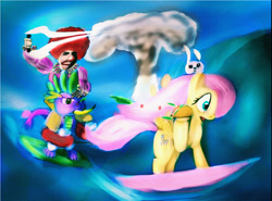 Size: 1442x1066 | Tagged: safe, artist:daedric-pony, character:angel bunny, character:fluttershy, character:spike, absurd, banana, clown, energy weapon, food, surfboard, taco, weapon, wtf