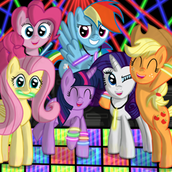 Size: 900x900 | Tagged: safe, artist:daedric-pony, character:applejack, character:fluttershy, character:pinkie pie, character:rainbow dash, character:rarity, character:twilight sparkle, species:earth pony, species:pegasus, species:pony, species:unicorn, dance floor, dance party, eyes closed, glow rings, glowstick, laser, mane six, mouth hold, neon, neon bracelet, one eye closed, party, rave, rearing, smiling