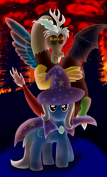 Size: 885x1468 | Tagged: safe, artist:daedric-pony, character:discord, character:trixie, cape, clothing, hat, trixie's cape, trixie's hat, villian