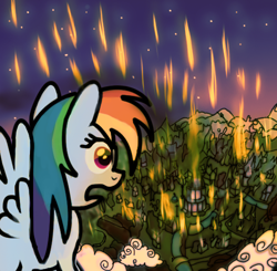 Size: 500x489 | Tagged: safe, artist:daedric-pony, character:rainbow dash, species:pegasus, species:pony, disaster, fanfic art, female, meteor shower, ponyville, solo