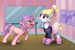 Size: 1024x683 | Tagged: safe, artist:blupolicebox, character:hoofer steps, oc, oc:bella primadonna, species:pony, angry, ballerina, blushing, clothing, incorrect mirror, legwarmers, mirror, skirt, tutu
