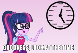 Size: 700x475 | Tagged: safe, artist:wawtoons, character:twilight sparkle, character:twilight sparkle (alicorn), character:twilight sparkle (scitwi), species:eqg human, my little pony:equestria girls, bow tie, caption, clothing, glasses, image macro, implied lesbian, implied shipping, implied sunset shimmer, implied sunsetsparkle, look at the time, meme, my little pony logo, pointing, ponytail, skirt, text, vector