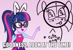 Size: 700x475 | Tagged: safe, alternate version, artist:wawtoons, edit, character:twilight sparkle, character:twilight sparkle (alicorn), character:twilight sparkle (scitwi), species:eqg human, my little pony:equestria girls, blep, bow tie, bunny ears, caption, clock, clothing, dress, glasses, image macro, infinity, look at the time, meme, my little pony logo, pointing, ponytail, skirt, speech, text, tongue out, unknown pony, vector
