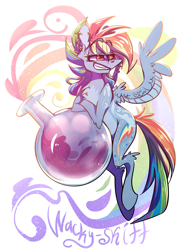 Size: 1080x1520 | Tagged: safe, artist:wacky-skiff, character:rainbow dash, species:pegasus, species:pony, my little pony:pony life, cool, female, mare, potion, smiling, solo, spread wings, wings