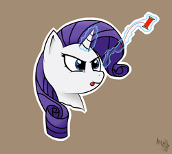 Size: 1450x1300 | Tagged: safe, artist:arrgus-korr, character:rarity, species:pony, species:unicorn, bust, concentrating, female, head only, magic, mare, needle, portrait, simple background, solo, sticker, thread, tongue out