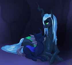 Size: 1175x1061 | Tagged: safe, artist:xander, character:queen chrysalis, species:changeling, cave, cavern, changeling hive, changeling queen, duo, female, happy, hive, male, mommy chrissy, mother, mother and child, mother and son, smiling, son