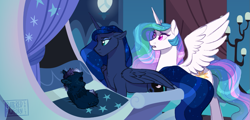 Size: 1229x590 | Tagged: safe, artist:butteredpawpcorn, character:princess celestia, character:princess luna, oc, oc:nova, parent:princess ember, parent:princess luna, parents:emberluna, species:alicorn, species:dracony, species:dragon, species:pony, baby, colt, female, foal, hybrid, interspecies offspring, magical lesbian spawn, male, mare, offspring, sleeping, story included, trio