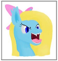 Size: 984x1024 | Tagged: safe, artist:lukington17, derpibooru original, oc, oc:cuteamena, species:bat pony, species:pony, bow, esophagus, fangs, female, gullet, mawshot, open mouth, salivating, simple background, solo, taste buds, tongue out, uvula