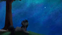 Size: 1920x1081 | Tagged: safe, artist:crimsonwolf360, oc, oc only, oc:midnight shadow, species:pony, species:unicorn, black hair, blue eyes, female, grass, looking up, mare, night, night sky, sky, solo, stargazing, stars, tree