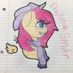 Size: 1080x1080 | Tagged: safe, artist:alilunaa, oc, oc:daybreak strider, species:pegasus, species:pony, clothing, female, hat, lined paper, mare, profile, scarf, smiling, solo, traditional art