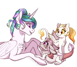 Size: 687x600 | Tagged: safe, artist:butteredpawpcorn, character:princess celestia, oc, oc:princess dissonance, oc:sunlight harmony, parent:discord, parent:princess celestia, parents:dislestia, species:alicorn, species:draconequus, species:pony, alternate hairstyle, beautiful, chest fluff, cute, draconequus oc, family, female, hair bun, horns, hug, hybrid, interspecies offspring, looking at each other, loving mother, mare, missing accessory, momlestia, mother and child, mother and daughter, multicolored hair, offspring, paws, prone, purple eyes, red eyes, siblings, simple background, sisters, smiling, trio, white background, winghug, yellow sclera