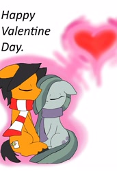 Size: 2575x3754 | Tagged: safe, artist:a.s.e, character:marble pie, oc, oc:a.s.e, species:pony, episode:hearts and hooves day, g4, my little pony: friendship is magic, canon x oc, clothing, couple, female, heart, holiday, male, mare, scarf, shipping, stallion, together, valentine, valentine's day