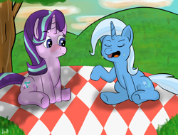 Size: 1680x1280 | Tagged: safe, artist:paw-of-darkness, character:starlight glimmer, character:trixie, species:pony, species:unicorn, ship:startrix, blushing, dappled sunlight, female, heart eyes, lesbian, picnic, picnic blanket, shipping, sitting, tree, wingding eyes