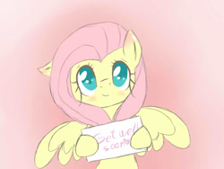 Size: 1024x768 | Tagged: safe, artist:bae-mon, character:fluttershy, species:pegasus, species:pony, blushing, bust, colored pupils, cute, ear down, female, full face view, get well soon, heart, hoof hold, looking at you, mare, note, pink background, shyabetes, simple background, smiling, solo, spread wings, wings