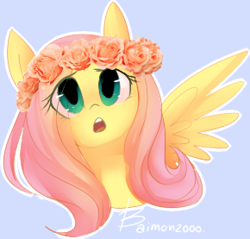 Size: 290x277 | Tagged: safe, artist:bae-mon, character:fluttershy, species:pegasus, species:pony, g4, blue background, bust, cute, eye clipping through hair, female, floral head wreath, flower, full face view, looking up, mare, open mouth, outline, portrait, shyabetes, signature, simple background, solo, spread wings, white outline, wings