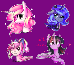 Size: 800x700 | Tagged: safe, artist:bae-mon, character:princess cadance, character:princess celestia, character:princess luna, character:twilight sparkle, character:twilight sparkle (alicorn), species:alicorn, species:pony, :o, alicorn tetrarchy, bust, crown, cute, female, floppy ears, heart, jewelry, looking at you, mare, one eye closed, open mouth, pink-mane celestia, portrait, profile, purple background, regalia, s1 luna, simple background, smiling, teary eyes, teen princess cadance, wink