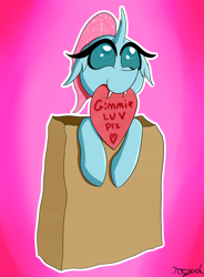 Size: 1543x2100 | Tagged: safe, artist:tazool, derpibooru original, character:ocellus, species:changeling, species:reformed changeling, episode:hearts and hooves day, g4, my little pony: friendship is magic, abstract background, big eyelashes, bronybait, cute, cute little fangs, dawwww, diaocelles, fangs, female, heart, hiding, hnnng, holiday, insect, looking up, love, paper, paper bag, playful, pls, signature, smiling, solo, text, valentine, valentine's day, weapons-grade cute, white outline