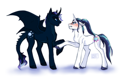 Size: 1410x886 | Tagged: safe, artist:butteredpawpcorn, oc, oc only, oc:nova, oc:princess valiance, parent:princess cadance, parent:princess ember, parent:princess luna, parent:shining armor, parents:emberluna, parents:shiningcadance, species:dracony, species:dragon, species:pony, species:unicorn, duo, female, floppy ears, hybrid, looking at each other, magical lesbian spawn, male, mare, next generation, not gleaming shield, offspring, red face, simple background, stallion, unshorn fetlocks, white background