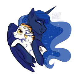 Size: 600x600 | Tagged: safe, artist:butteredpawpcorn, character:princess luna, oc, oc:princess dissonance, parent:discord, parent:princess celestia, parents:dislestia, species:alicorn, species:pony, aunt and niece, auntie luna, cute, duo, eyes closed, female, filly, floppy ears, fluffy, horns, hug, hybrid, interspecies offspring, mare, offspring, simple background, white background