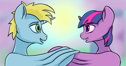 Size: 941x492 | Tagged: safe, artist:sv37, character:twilight sparkle, character:twilight sparkle (alicorn), oc, oc:harmony star, species:alicorn, species:pony, alicorn oc, canon x oc, female, looking at each other, male, shipping, straight, twimony, wing hands, wings