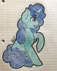 Size: 471x588 | Tagged: safe, artist:alilunaa, oc, species:pony, species:unicorn, curls, female, full body, lined paper, mare, smiling, solo, traditional art