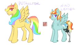 Size: 1135x691 | Tagged: safe, artist:butteredpawpcorn, oc, oc only, oc:petrichor, oc:wind chaser, parent:rainbow dash, parent:zephyr breeze, parents:zephdash, species:pegasus, species:pony, amputee, brother and sister, congenital amputee, duo, female, male, mare, missing limb, offspring, prosthetic leg, prosthetic limb, prosthetics, siblings, simple background, stallion, white background