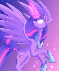 Size: 818x977 | Tagged: safe, artist:stalkerpony, character:twilight sparkle, character:twilight sparkle (alicorn), species:alicorn, species:pony, female, glowing eyes, gradient background, hoof shoes, magic, magic aura, mare, peytral, purple background, simple background, solo, spread wings, ultimate twilight, wings