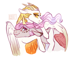 Size: 680x542 | Tagged: safe, artist:butteredpawpcorn, oc, oc only, oc:princess dissonance, oc:sunlight harmony, parent:discord, parent:princess celestia, parents:dislestia, species:draconequus, species:pony, duo, ethereal mane, female, floppy ears, galaxy mane, horns, hug, hybrid, interspecies offspring, looking at each other, mare, offspring, siblings, simple background, sisters, teary eyes, white background