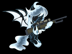 Size: 1292x964 | Tagged: safe, artist:kannakiller, oc, oc only, oc:winter's night, species:bat pony, species:pony, armor, bat pony oc, black background, ethereal mane, eyes closed, female, flying, galaxy mane, gun, hoof shoes, hug, mare, rifle, scar, simple background, sniper rifle, solo, weapon, ych result