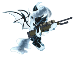 Size: 1292x964 | Tagged: safe, alternate version, artist:kannakiller, oc, oc only, oc:winter's night, species:bat pony, species:pony, armor, bat pony oc, ethereal mane, eyes closed, female, flying, galaxy mane, gun, hoof shoes, hug, mare, rifle, scar, simple background, sniper rifle, solo, weapon, white background, ych result