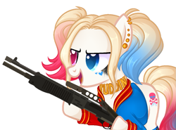 Size: 1039x768 | Tagged: safe, artist:kannakiller, oc, oc only, oc:har-harley queen, species:earth pony, species:pony, choker, clothing, ear piercing, earring, female, fishnets, gun, heterochromia, hoof hold, jacket, jewelry, makeup, mare, multicolored hair, open mouth, piercing, pigtails, running makeup, shotgun, simple background, solo, spas-12, tattoo, twintails, weapon, white background, ych result