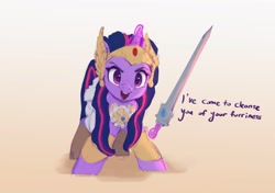 Size: 2891x2033 | Tagged: safe, artist:vanillaghosties, character:twilight sparkle, species:pony, armor, clothing, cosplay, costume, crossover, cute, dialogue, female, glowing horn, horn, looking at you, magic, mare, she-ra, solo, sword, talking to viewer, telekinesis, twiabetes, weapon