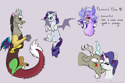 Size: 3000x2000 | Tagged: safe, artist:arirain, character:discord, character:rarity, oc, oc:diamond claw, parent:discord, parent:rarity, parents:raricord, ship:raricord, artificial wings, augmented, flying, hybrid, interspecies offspring, magic, magic wings, missing cutie mark, nuzzling, offspring, shipping, straight, wings