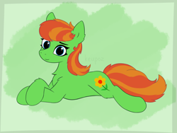 Size: 2048x1536 | Tagged: safe, artist:keupoz, oc, oc only, oc:fire blossom, species:earth pony, species:pony, abstract background, commission, looking at you, lying down
