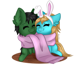 Size: 1900x1700 | Tagged: safe, artist:nuumia, oc, oc only, oc:moonlight shiver, oc:puffy ears, species:pony, bunny ears, chibi, clothing, female, mare, scarf, shared clothing, shared scarf, simple background, transparent background