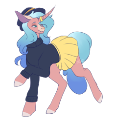 Size: 2726x2905 | Tagged: safe, artist:amcirken, oc, oc only, oc:musical lorden, species:pony, species:unicorn, clothing, curved horn, cute, female, hat, high res, horn, mare, miniskirt, pleated skirt, simple background, skirt, solo, sweater, transparent background