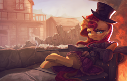 Size: 4000x2550 | Tagged: safe, artist:vanillaghosties, character:sunset shimmer, species:pony, species:unicorn, building, bullet hole, clothing, couch, dress, female, fire, gun, hat, high res, mare, ruins, scenery, sitting, solo, top hat, town, unamused, underhoof, weapon