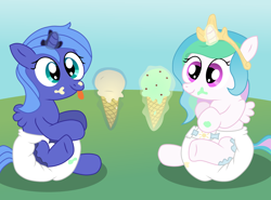 Size: 2000x1481 | Tagged: safe, artist:sweetielover, character:princess celestia, character:princess luna, species:alicorn, species:pony, baby, baby pony, cewestia, cute, cutelestia, diaper, female, filly, food, ice cream, lunabetes, poofy diaper, woona, younger