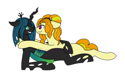 Size: 1134x704 | Tagged: safe, artist:bloody-liu, artist:firefox238, base used, character:adagio dazzle, character:queen chrysalis, species:changeling, species:earth pony, species:pony, blank flank, chrysgio, crack shipping, equestria girls ponified, female, grin, hug, lesbian, looking at each other, mare, on side, ponified, shipping, simple background, smiling, transparent background