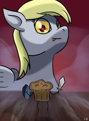 Size: 1024x1388 | Tagged: safe, artist:paw-of-darkness, character:derpy hooves, species:pegasus, species:pony, fog, food, kitchen eyes, muffin, red eyes, tongue out